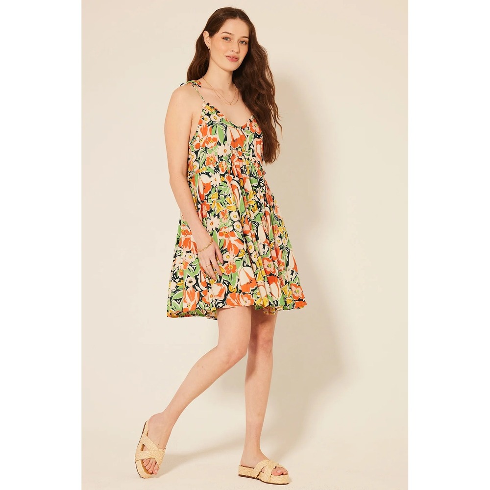 Patrons of Peace Floral Tie Shoulder Mini Dress XL Orange Green J2033F58